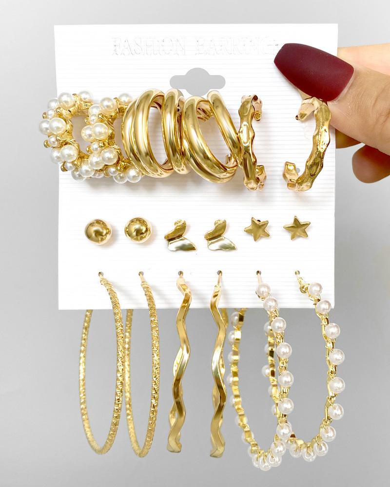 

6Pairs Faux Pearls Decor Hoop Earrings Set, Gold