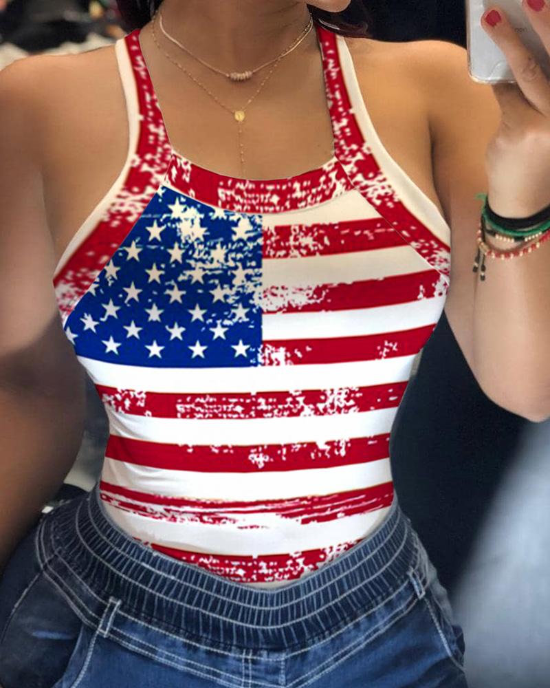 

Flag Pattern Print Thick Strap Tank Top, White