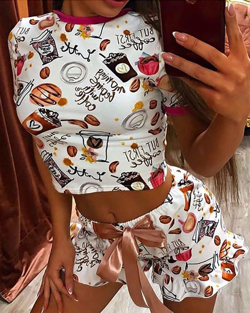 

Cartoon Print Frill Hem Top & Shorts Set, White