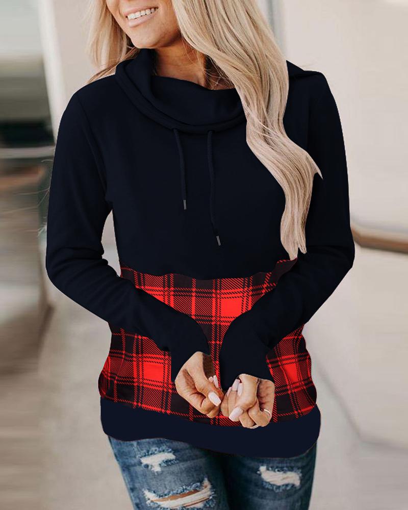 

Plaid Print Colorblock Cowl Neck Sweatshirt, Purplish blue