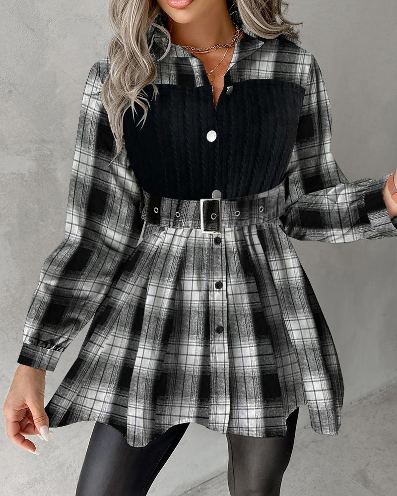 

Plaid Print Patchwork Belted Buttoned Shirt, Black