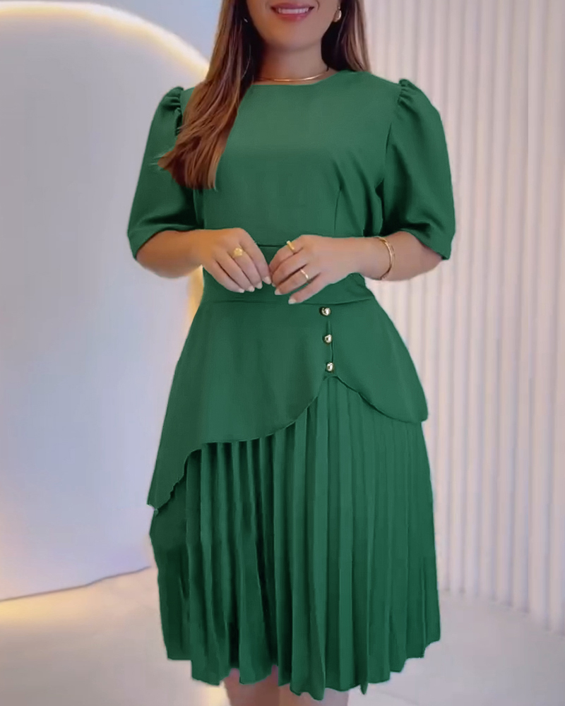 

Robe plissée à col rond et manches bouffantes, décontractée, boutonnée, taille trapèze, Dark green