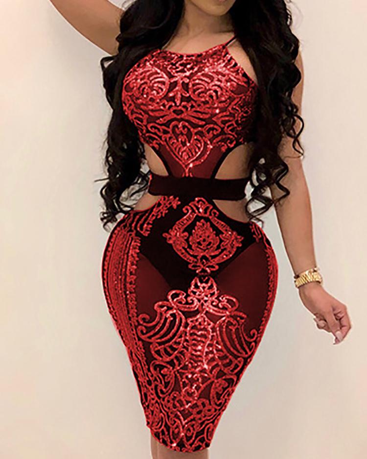 

Cut Out Halter Bodycon Sequin Dress, Red