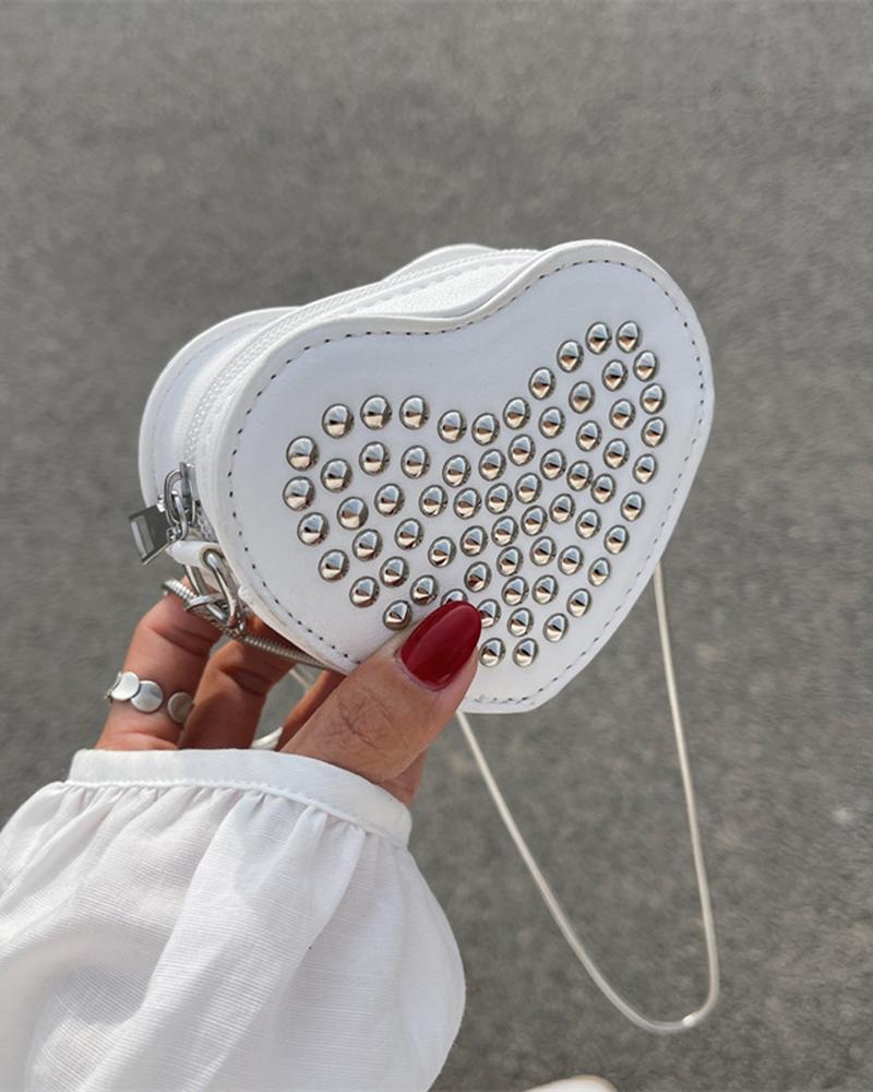 

Studded Chain Strap Heart Shaped Bag, White