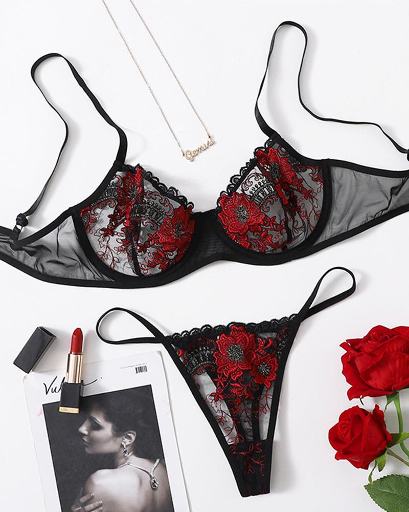

See-through Sexy Splicing Floral Embroidery Sling Bra Sets, Black