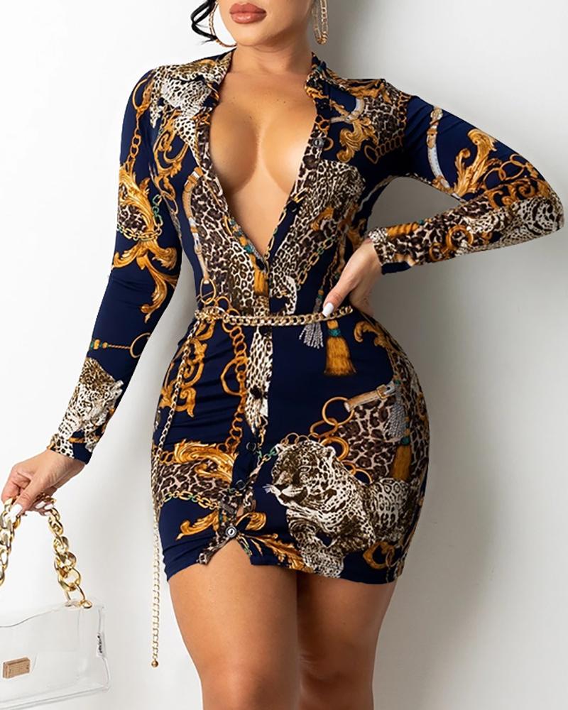 

Scarf / Leopard Print Button Design Skinny Dress, Blue