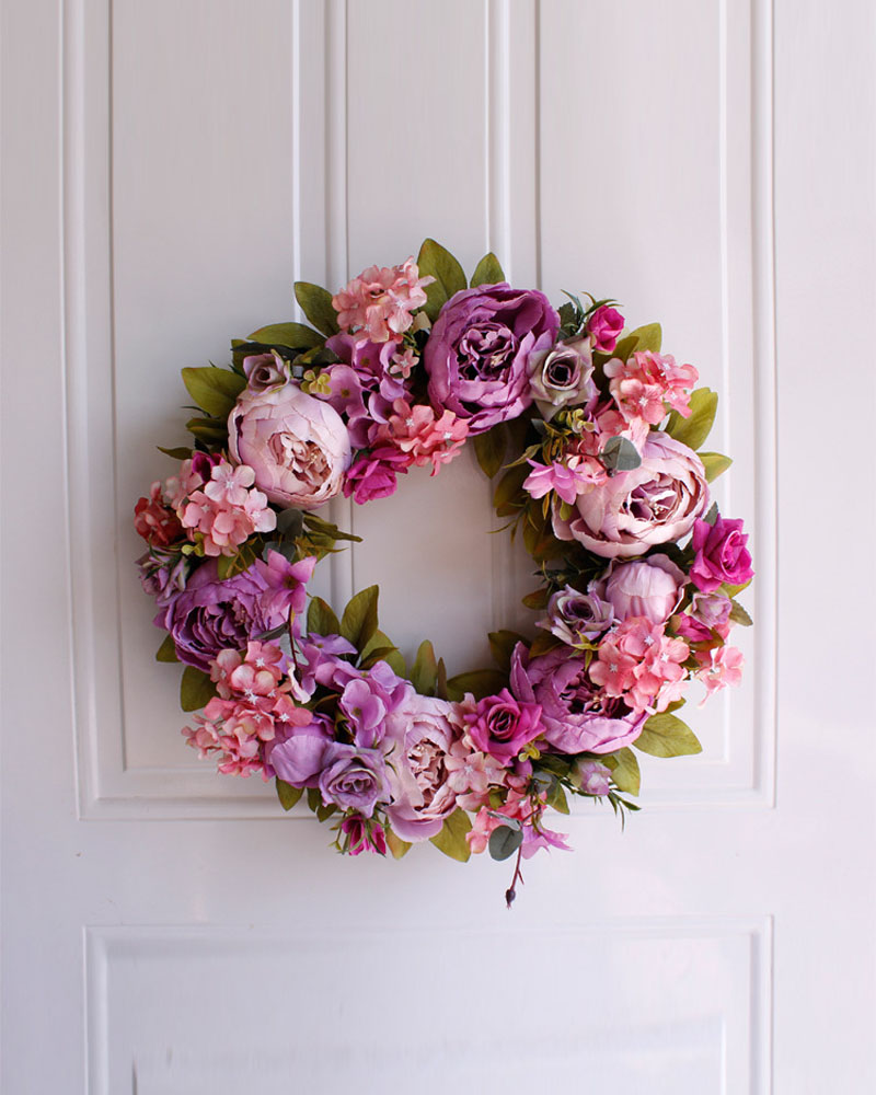 

Peony Flowers Wreath Artificial Spring Floral Wreaths With Green Leaves For Front Door Wedding Christmas Party Wall Window Decoration, Pink