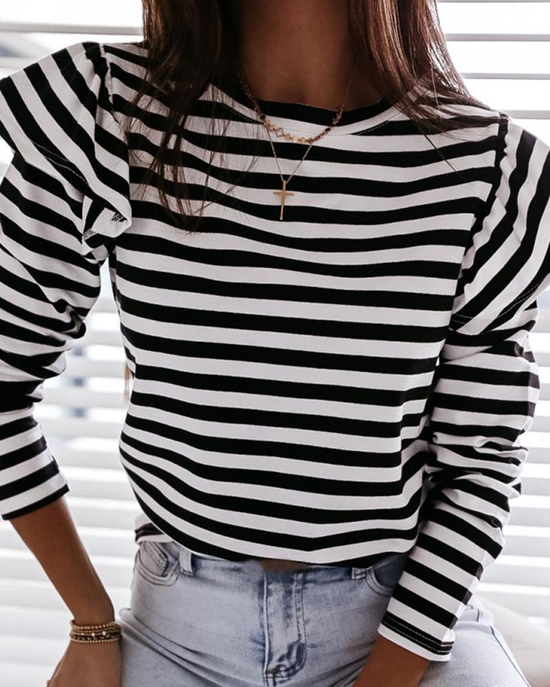 

Striped Long Sleeve Casual Top, Black