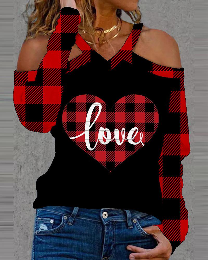 

Valentine' Day Plaid Heart Letter Print Colorblock Top, Red