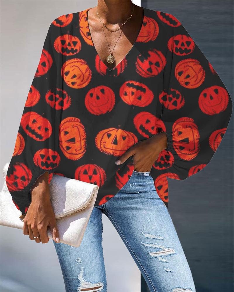 

Halloween Pumpkin Print Lantern Sleeve Top, Black