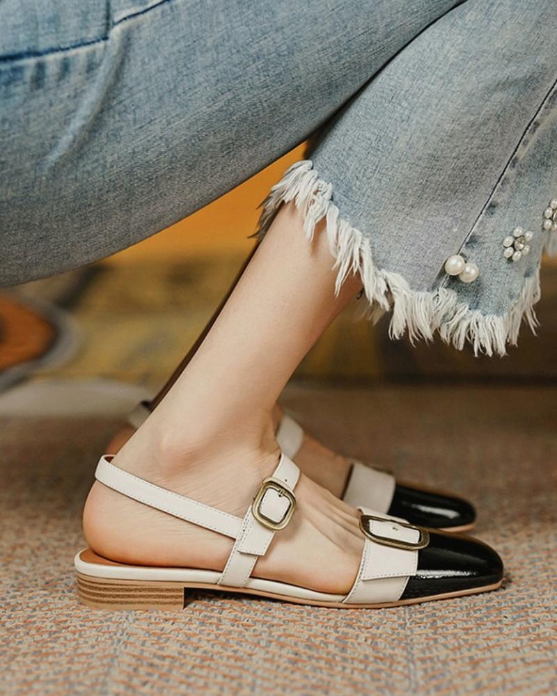 

Colorblock Buckled Square Toe Slingback Shoes, Beige