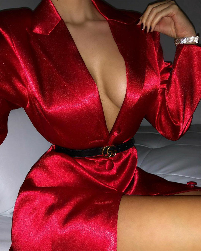 

Long Sleeve Buttoned Satin Shirt Dress, Red