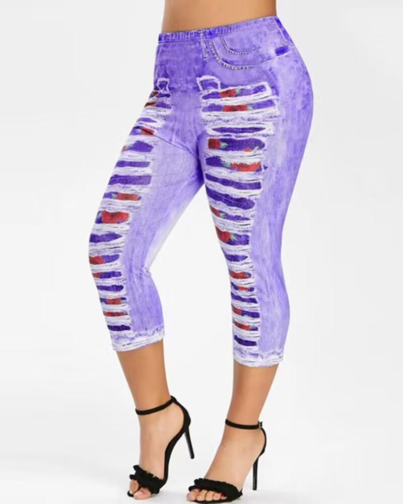 Legging de sport déchiré à imprimé floral et effet denim