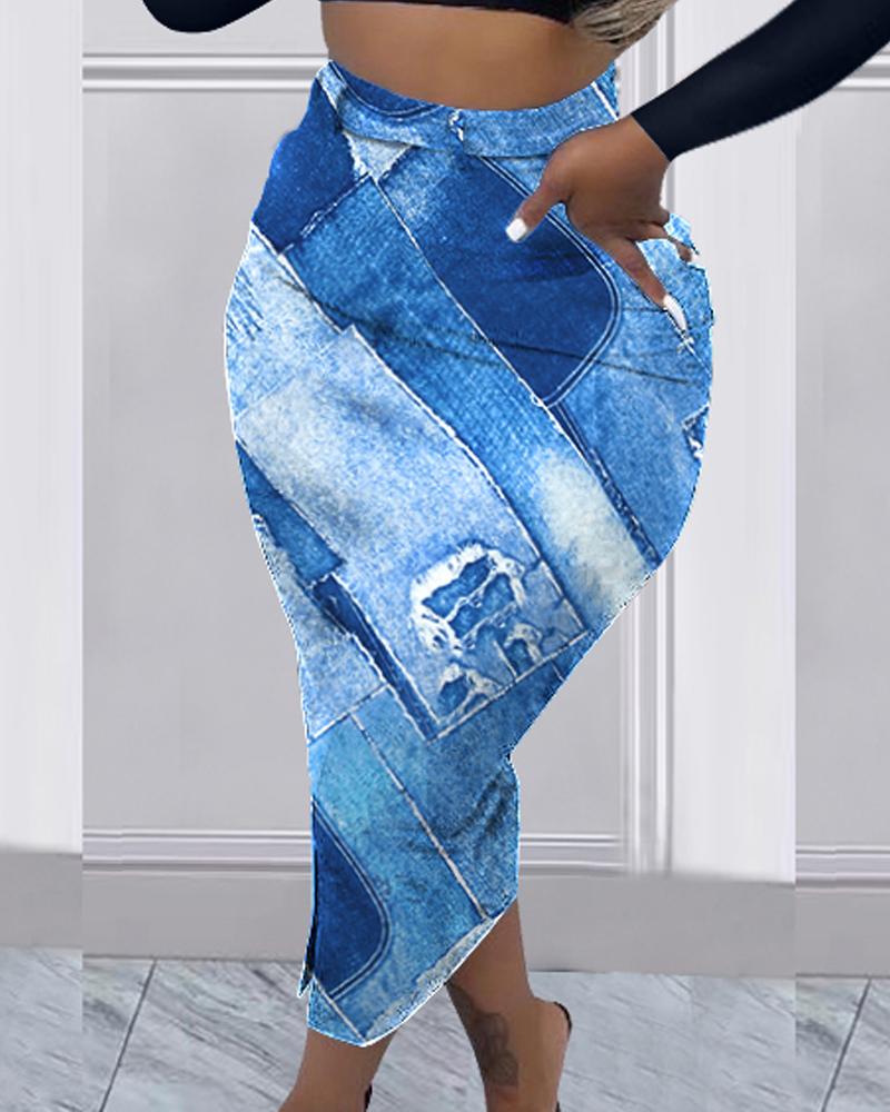 

Denim Look Print High Waist Maxi Skirt, Blue