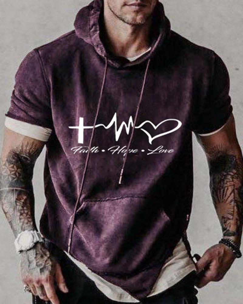 

Letter Print Short Sleeve Hooded Sweatshirts, Purple