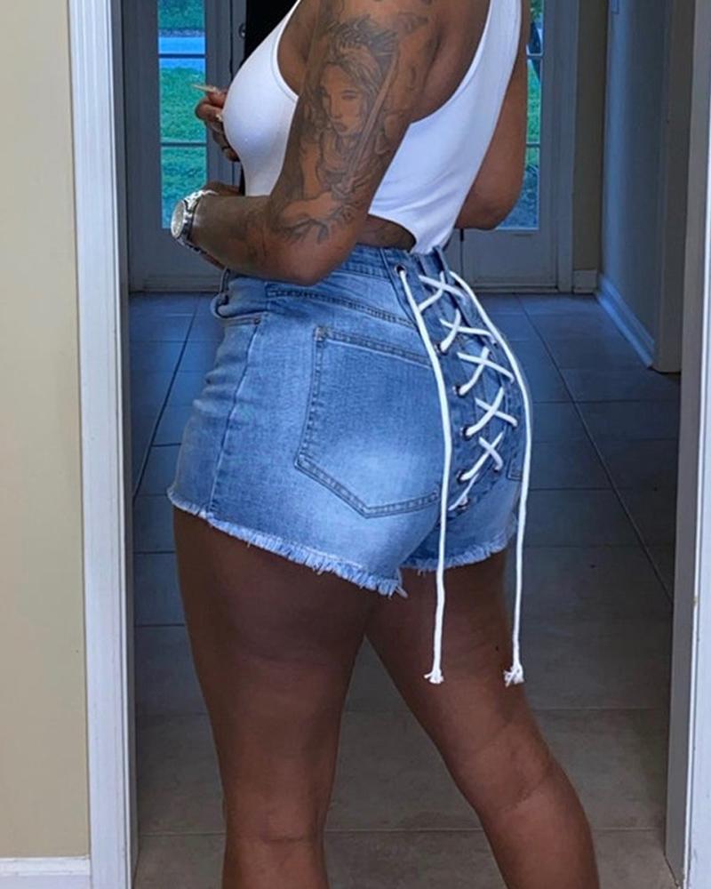 

Grommet Eyelet Lace-up Raw Hem Denim Shorts, Blue