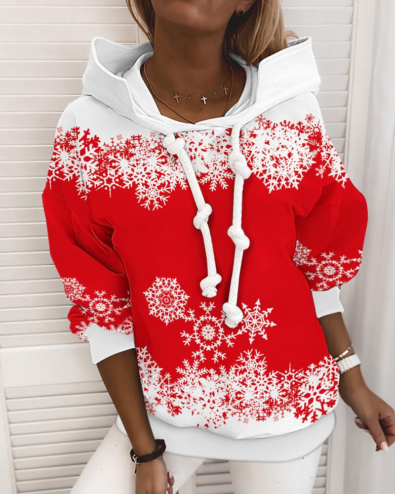 

Christmas Snowflake Print Long Sleeve Casual Hoodie, Red