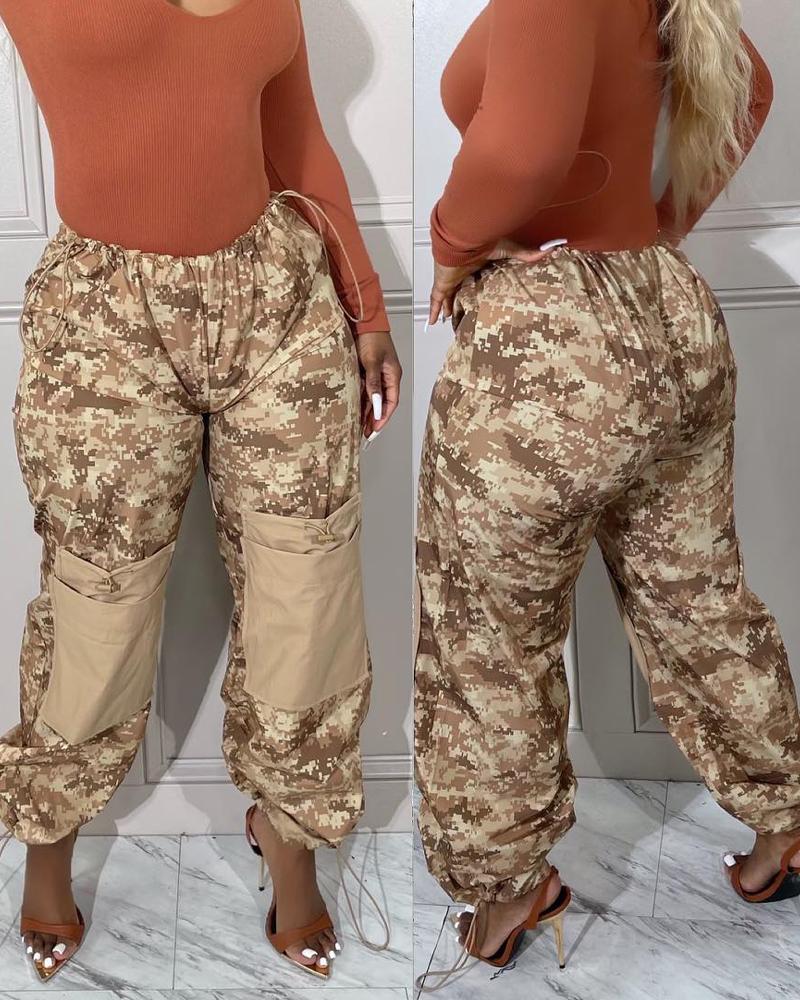 

Camouflage Print Pocket Design Drawstring Cargo Pants, Khaki