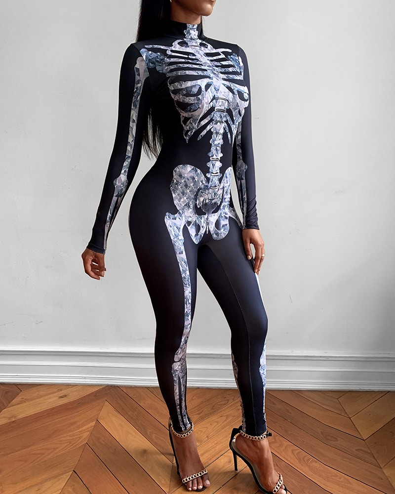 Skull Skeleton Print Zip Back Halloween Costume Jumpsuit