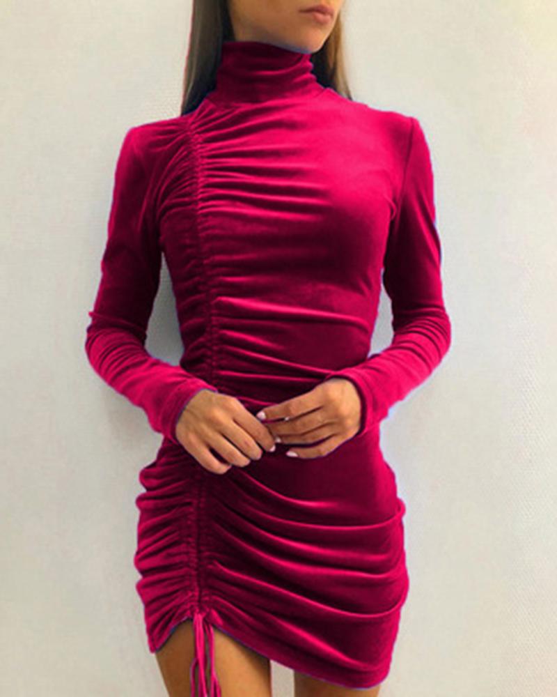 

Velvet High Neck Drawstring Ruched Party Dress, Red