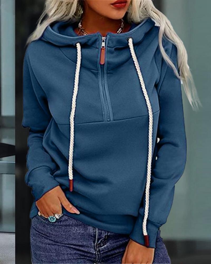 

Long Sleeve Zipper Front Drawstring Hoodie, Blue