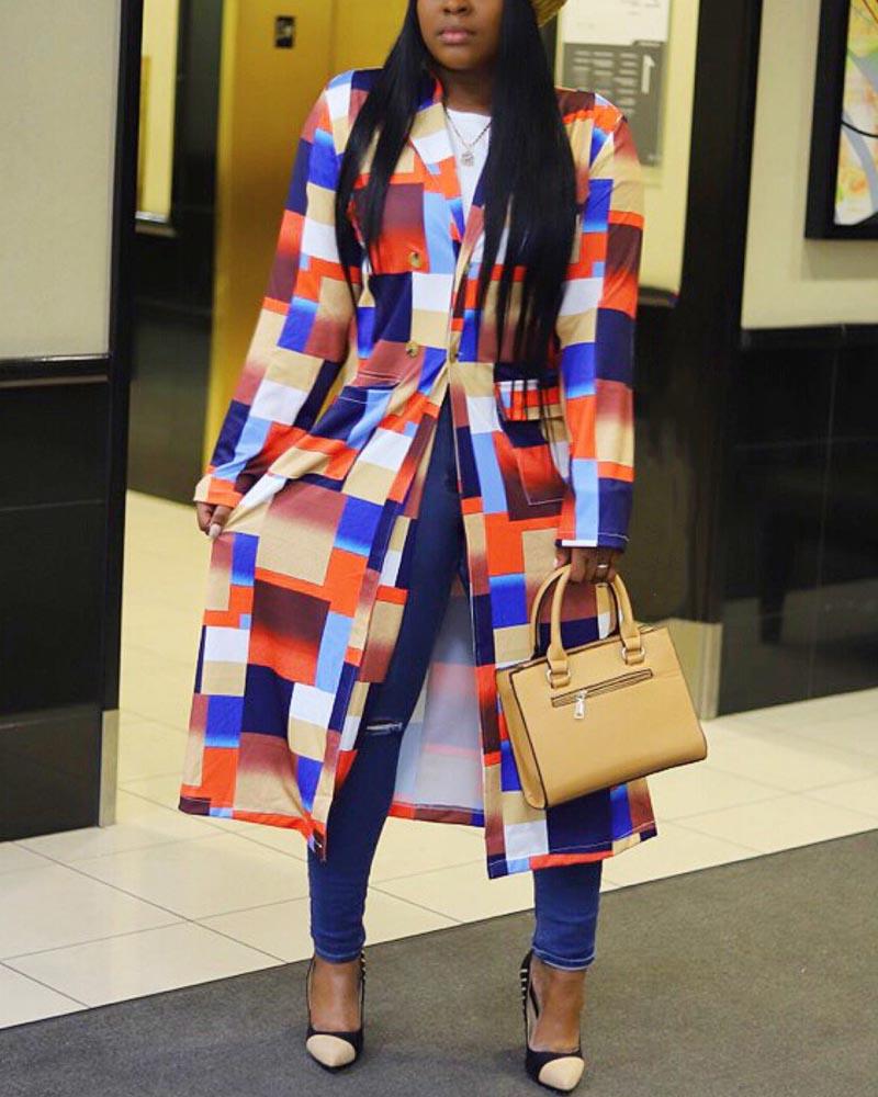 

Plus Size Geometric Print Pocket Detail Longline Coat, Orange