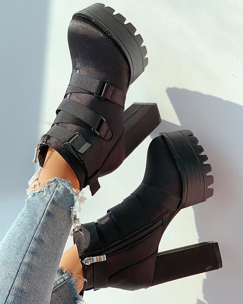 

Zipper Design Buckled Chunky Boots, Black