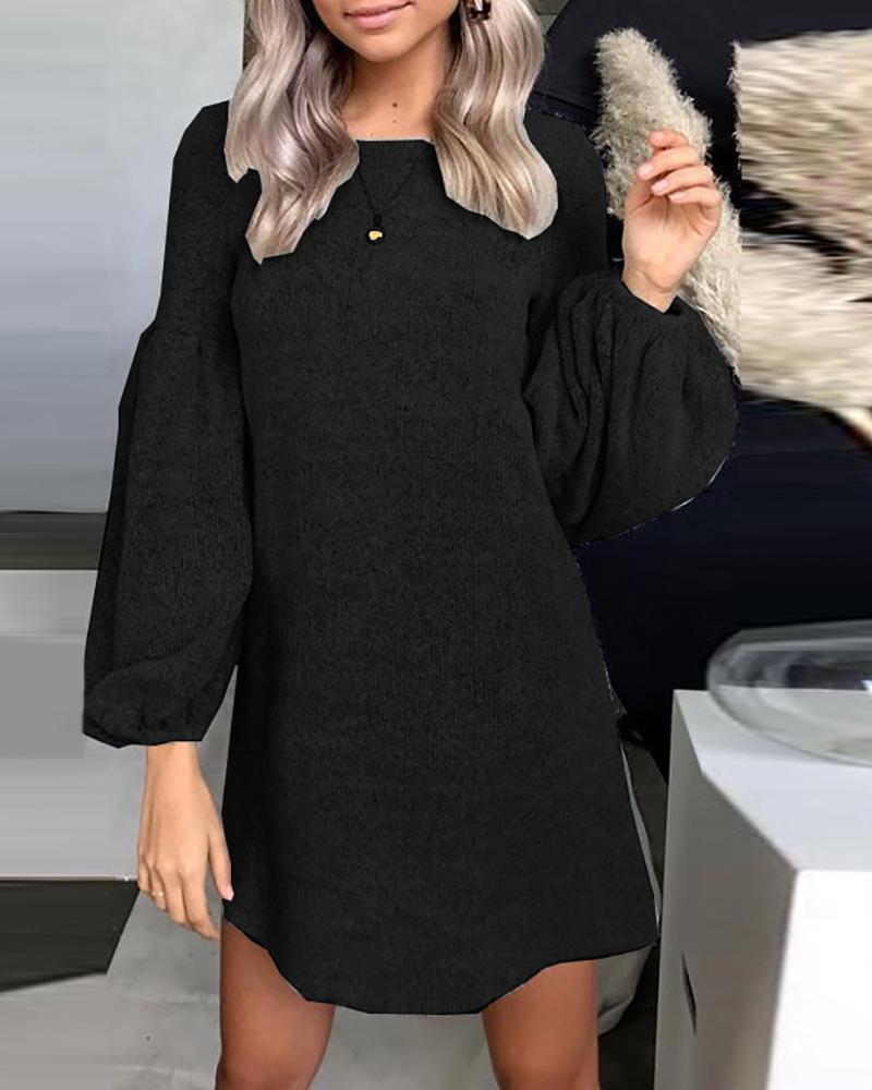 

Lantern Sleeve Knit Casual Sweater Dress, Black