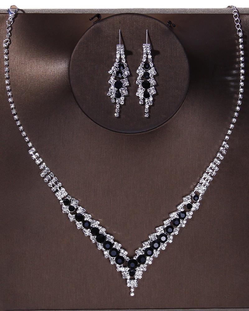 

2PCS Rhinestone Decor Necklace & Dangle Earrings Wedding Bridal Jewelry Set, Black
