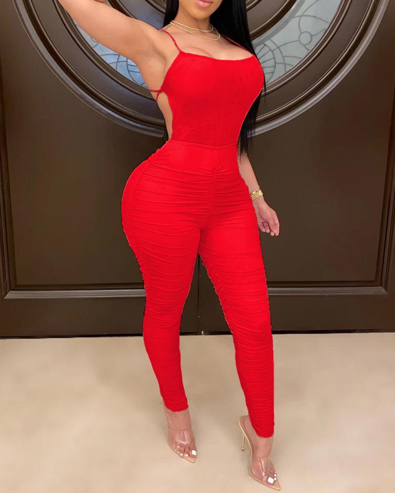 

Solid Spaghetti Strap Ruched Jumpsuit, Red
