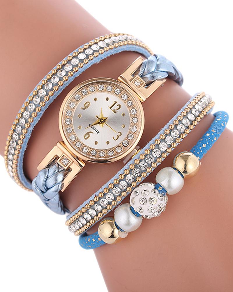 

1pc Rhinestone Decor Bangle Quartz Watch, Blue