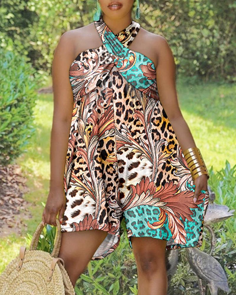 

Leopard Print Pocket Design Crisscross Halter Romper