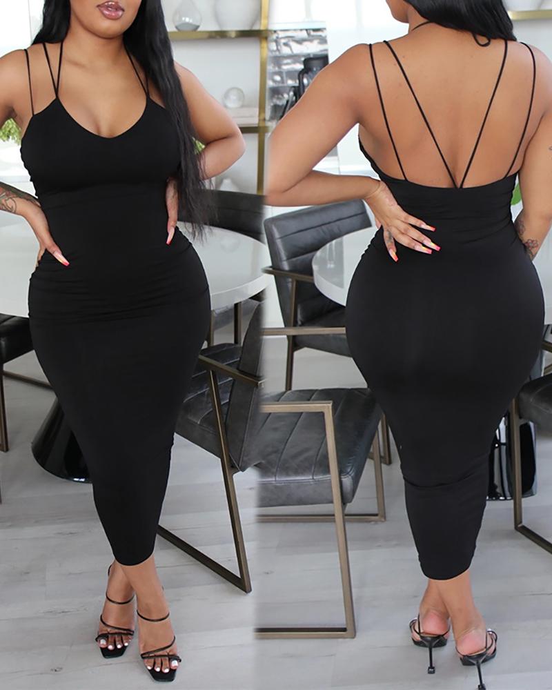 

Spaghetti Strap Open Back Bodycon Dress, Black