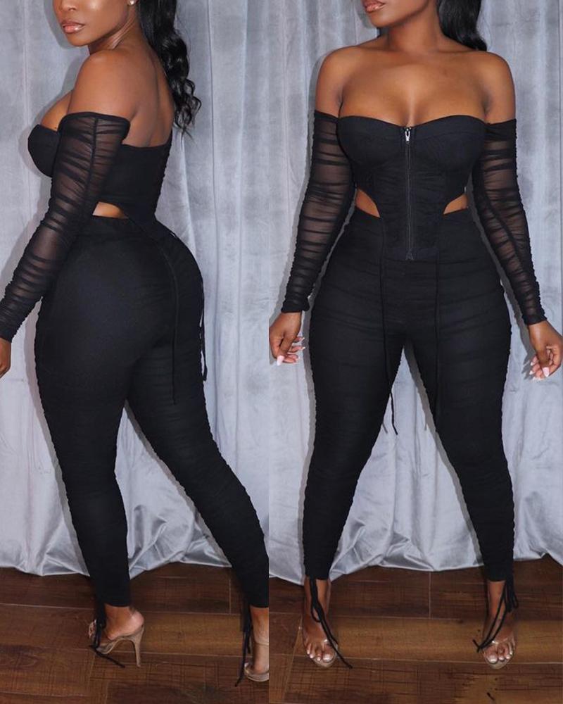 

Off Shoulder Contrast Mesh Zipper Top & Drawstring Ruched Skinny Pants Set, Black