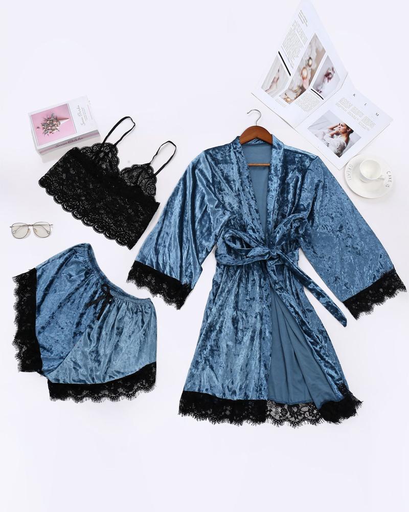 

3PCS Lace Trim Cami Set With Belted Velvet Robe, Blue