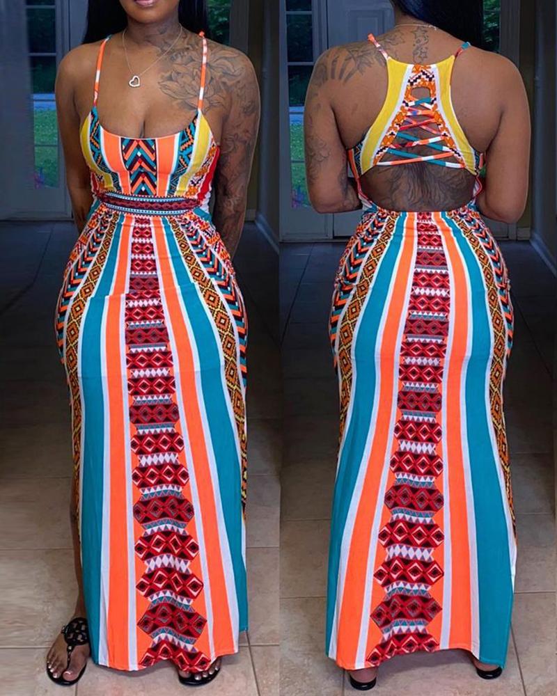 

Tribal Print Lace-up Backless Maxi Dress, Multicolor