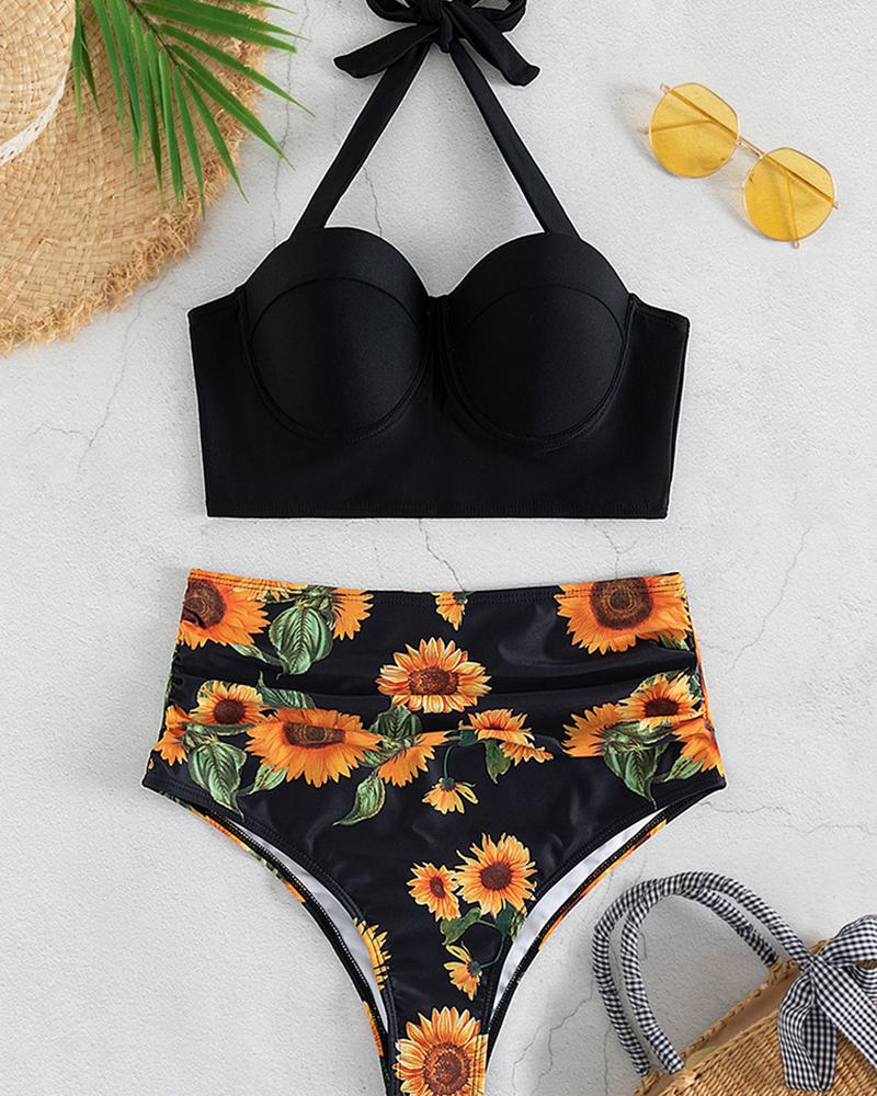 

Sunflower Print Halter Bikini Set, Black