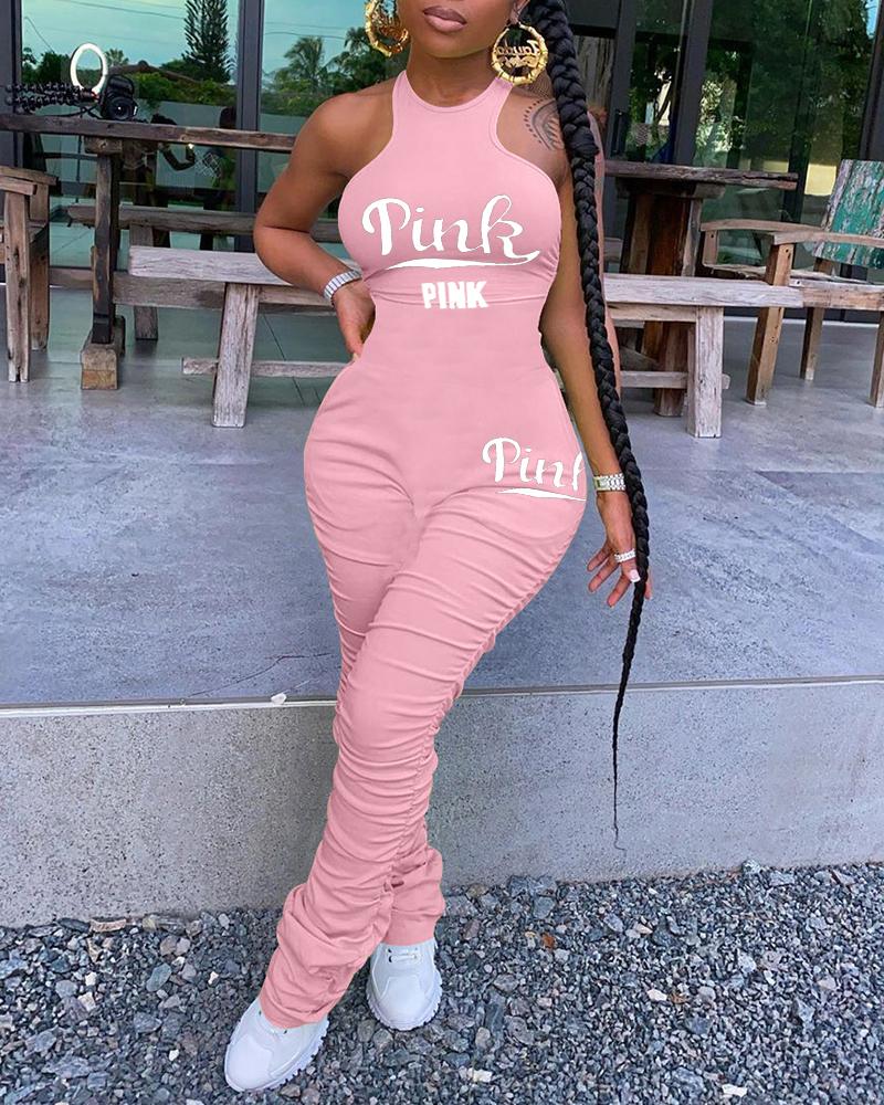 

Letter Print Sleeveless Ruched O-neck Skinny Jumpsuit, Pink