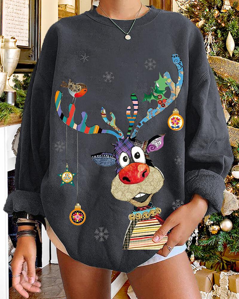 

Christmas Elk Print Long Sleeve Sweatshirt, Gray