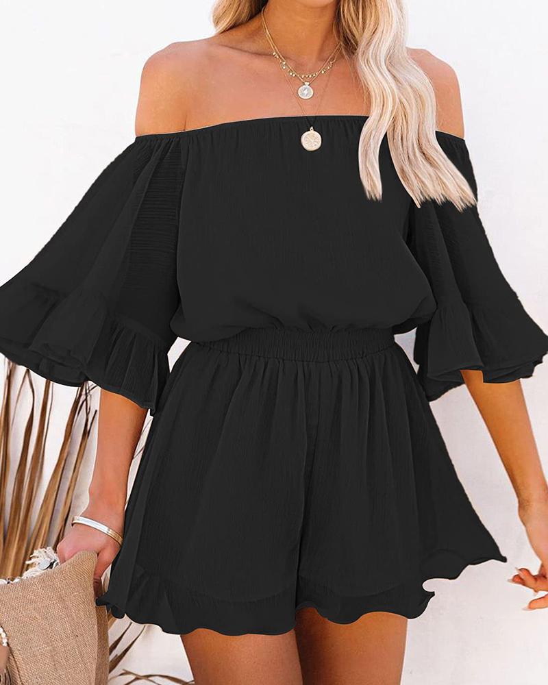 

Off Shoulder Ruffle Hem Gathered Waist Romper, Black