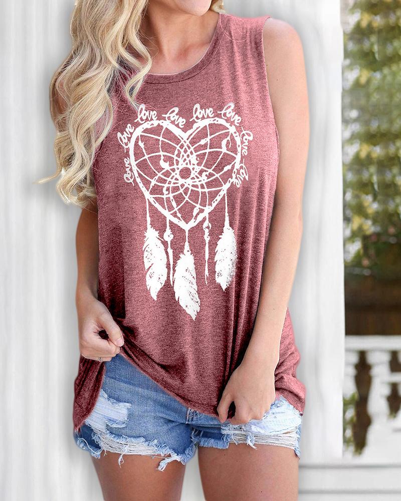 

Feather Print Casual Tank Women Top, Pink