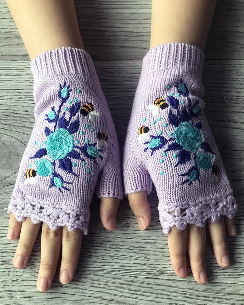 

1Pair Floral Embroidery Hollow Out Fingerless Knit Gloves, Light purple