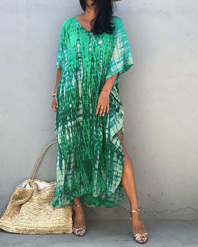 

Tie Dye Print High Slit Cover Up Dress, Green