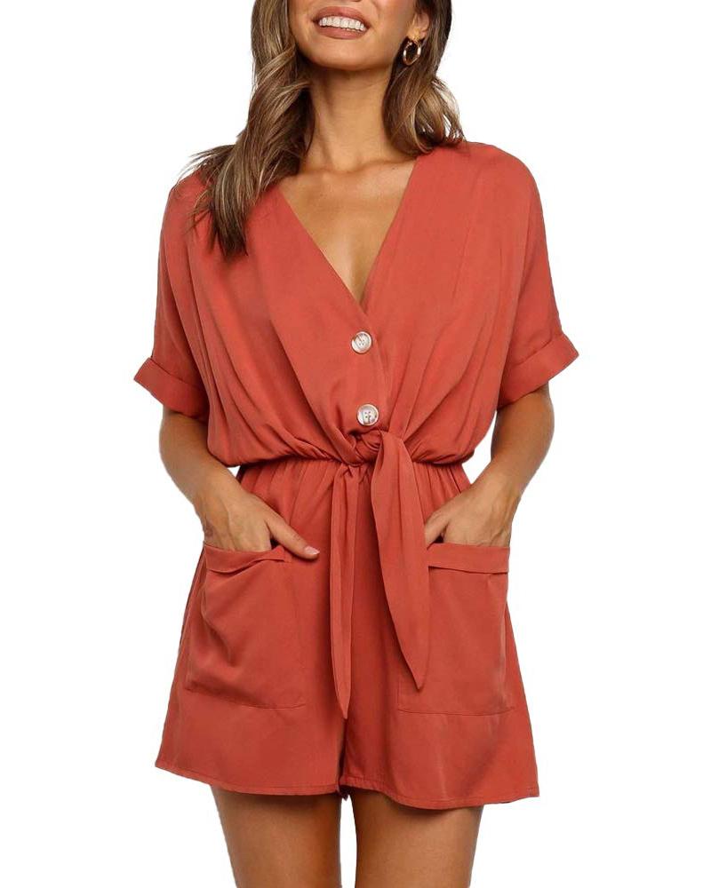 

V-Neck Pocket Design Tied Detail Romper, Red