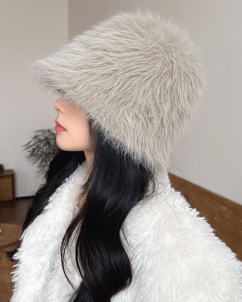 

Faux Fur Fluffy Wram Bucket Hat, Gray