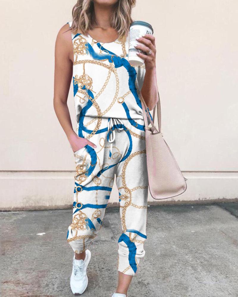 

Abstract Print Sleeveless Tanks With Pants Suit Sets, White