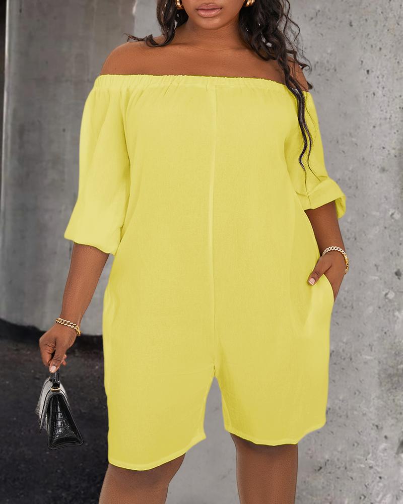 

Plus Size Off Shoulder Pocket Design Casual Romper, Yellow