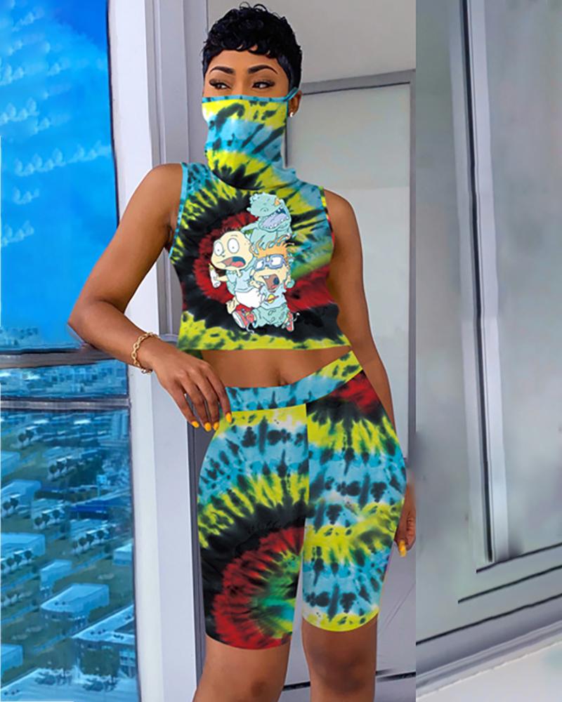 

Cartoon Tie Dye Print Round Neck Top & Shorts Set, Green