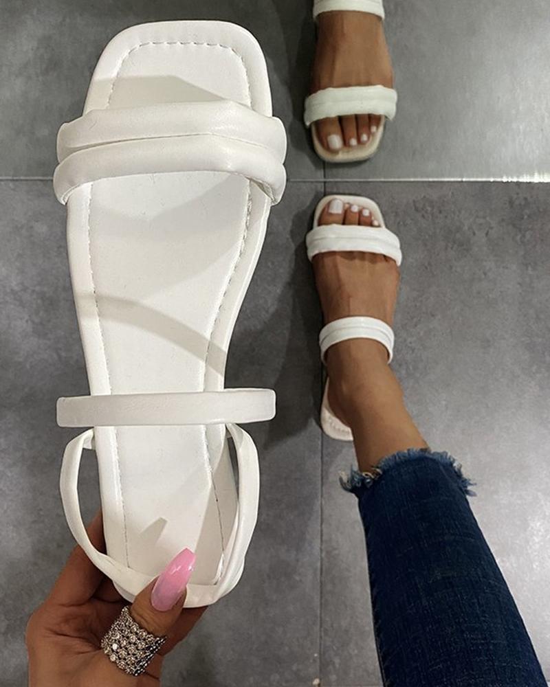 

Square-toe Solid Color PU Leather Flat Sandals, White