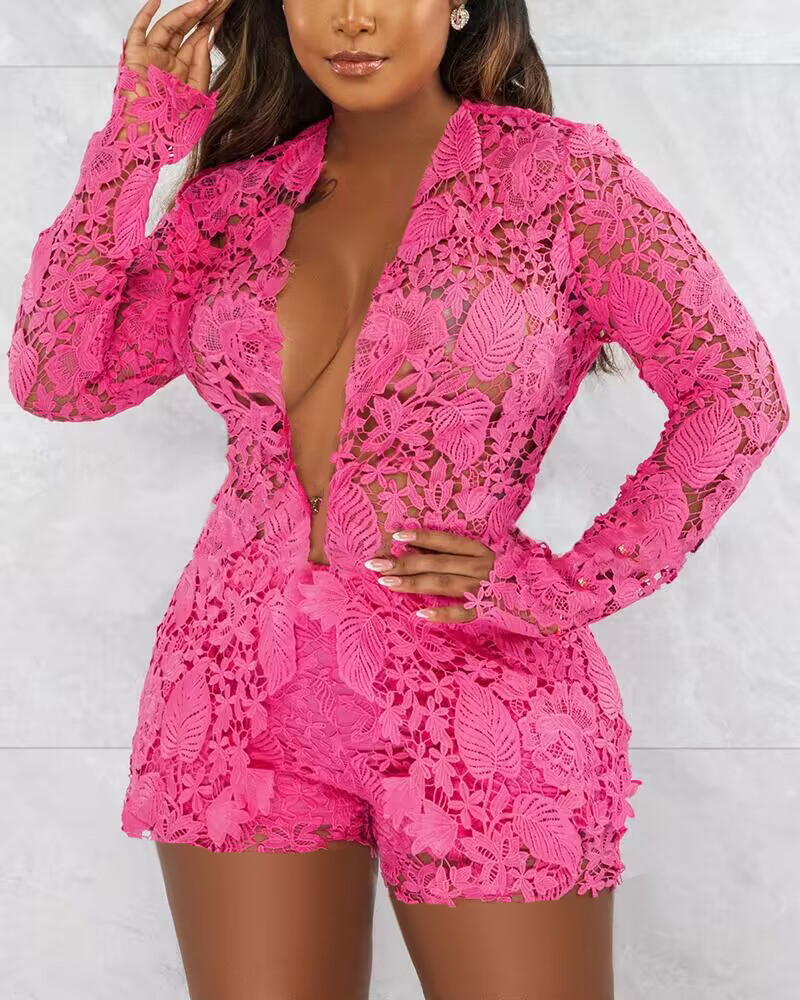 

Long Sleeve Guipure Lace Top & Shorts Set, Hot pink